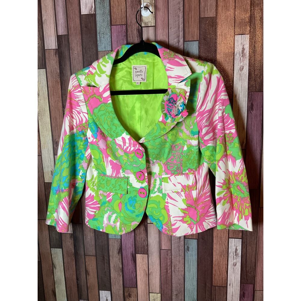 Nanette Lepore Vibrant Green and Pink Floral Pin Blazer Jacket Women’s Size 6